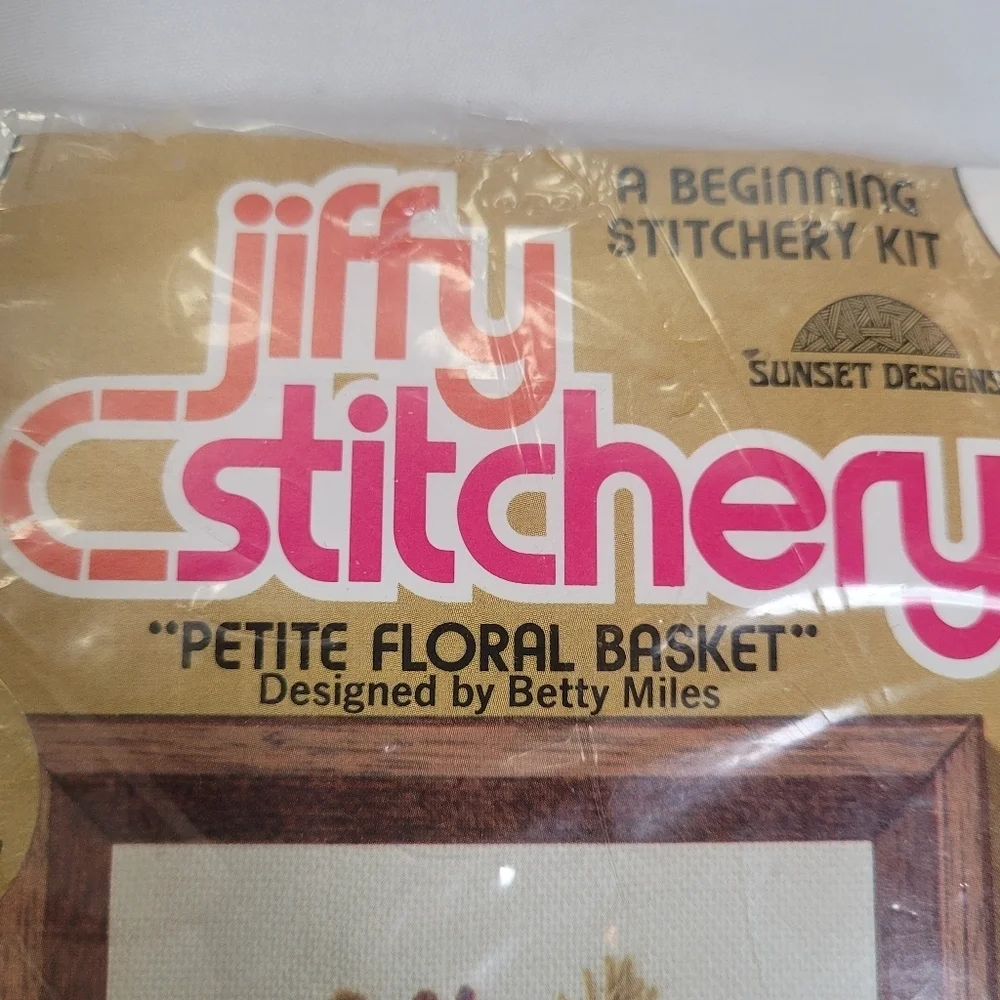 Vintage 1977 Jiffy Stitchery Kit Petite Floral Basket Sunset Designs NIP